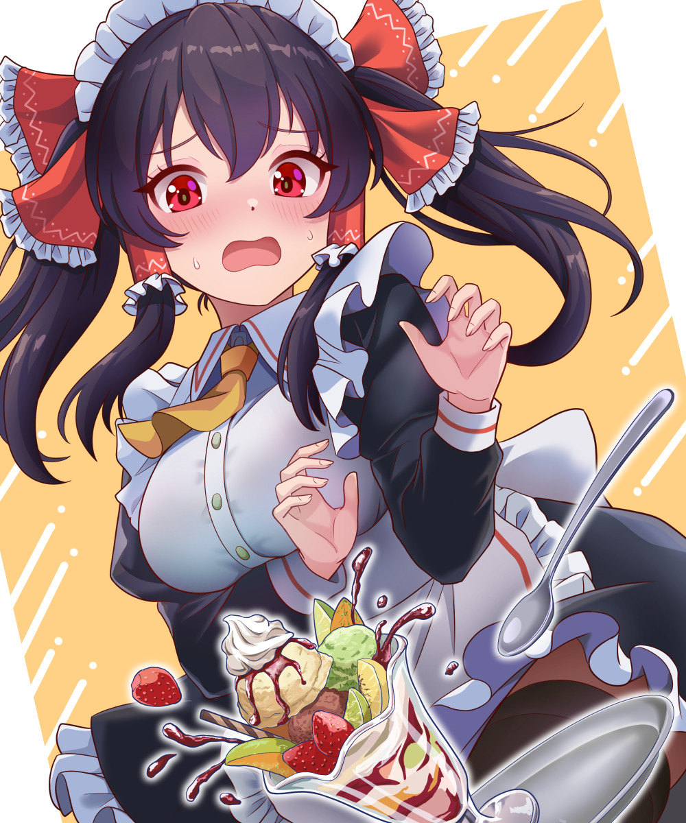 kisaragi koushi, hakurei reimu, touhou, commentary request, highres, 1girl, alternate costume, alternate hairstyle, apron, ascot, black dress, blush, bow, breasts, brown hair, dress, enmaided, food, frilled bow, frilled hair tubes, frills, hair bow, hair tubes, ice cream, long hair, long sleeves, looking at viewer, maid, maid apron, maid headdress, open mouth, parfait, red bow, solo, spoon, sweat, tray, twintails, white apron, yellow ascot