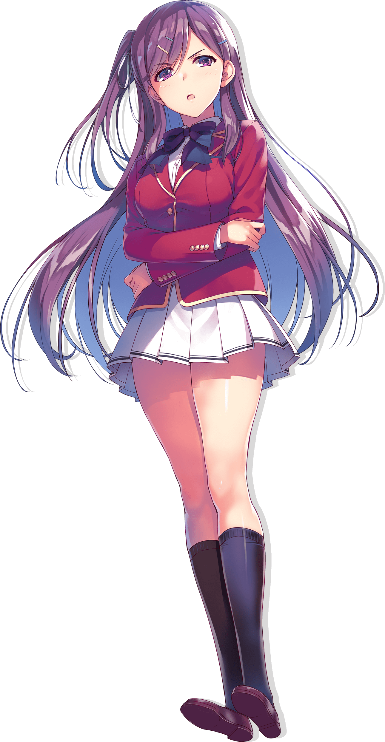 tomose shunsaku, kamuro masumi, youkoso jitsuryoku shijou shugi no kyoushitsu e, absurdres, highres, official art, 1girl, advanced nurturing high school uniform, black bow, black bowtie, black socks, blazer, bow, bowtie, breasts, brown shoes, crossed arms, full body, hair ornament, hairclip, jacket, kneehighs, long hair, long sleeves, looking at viewer, medium breasts, one side up, open mouth, pleated skirt, purple eyes, purple hair, red jacket, school uniform, shoes, simple background, skirt, socks, solo, standing, transparent background, white skirt