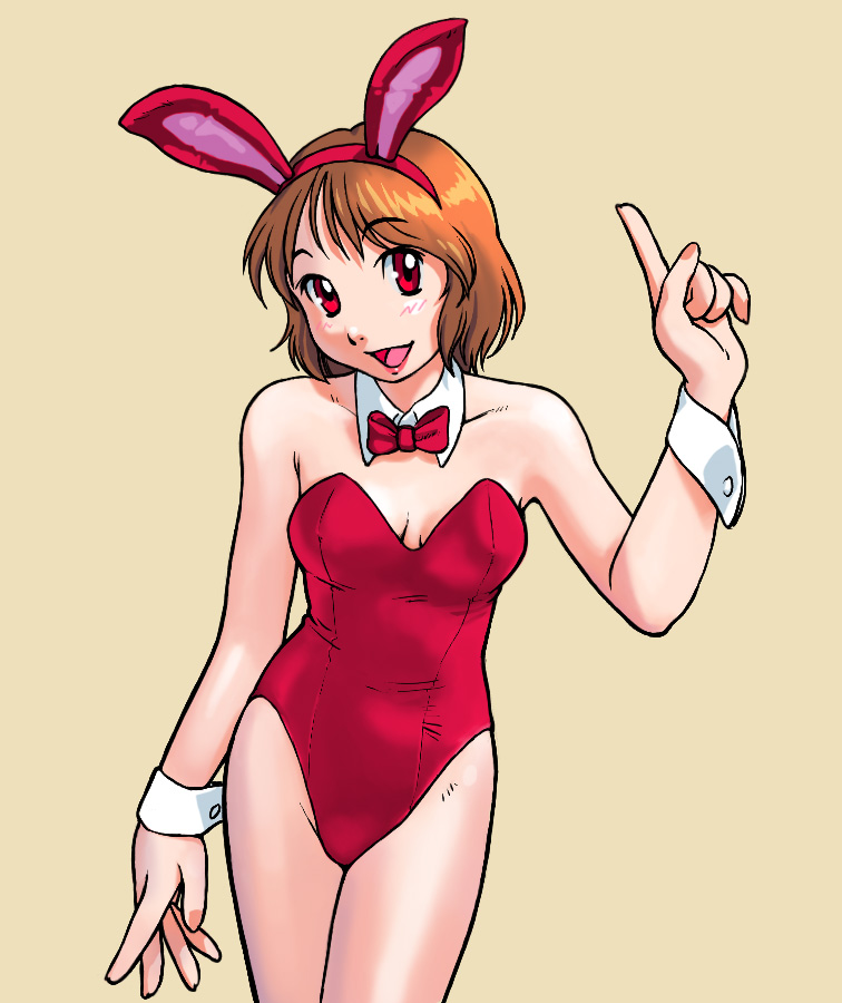 fukusuke hachi-gou, original, bad id, bad pixiv id, 1girl, animal ears, bare legs, fake animal ears, female focus, orange hair, playboy bunny, rabbit ears, red eyes, short hair, simple background, solo