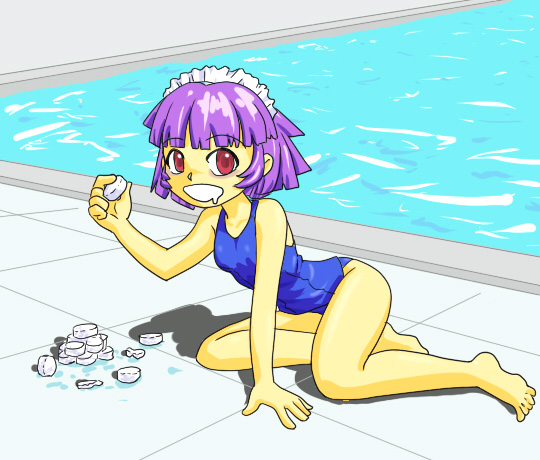 yakui, futaba channel, nijiura maids, 1girl, barefoot, drooling, female focus, holding, loli, one-piece swimsuit, pool, poolside, purple hair, red eyes, saliva, school swimsuit, solo, swimsuit