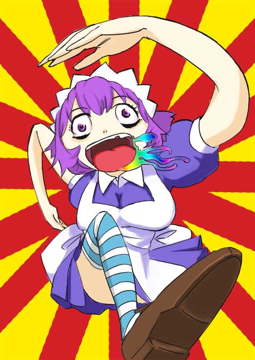 yakui, futaba channel, nijiura maids, crazy eyes, drooling, missing tooth, purple eyes, purple hair, rainbow, running, saliva, short hair, solo, striped clothes, striped thighhighs, thighhighs