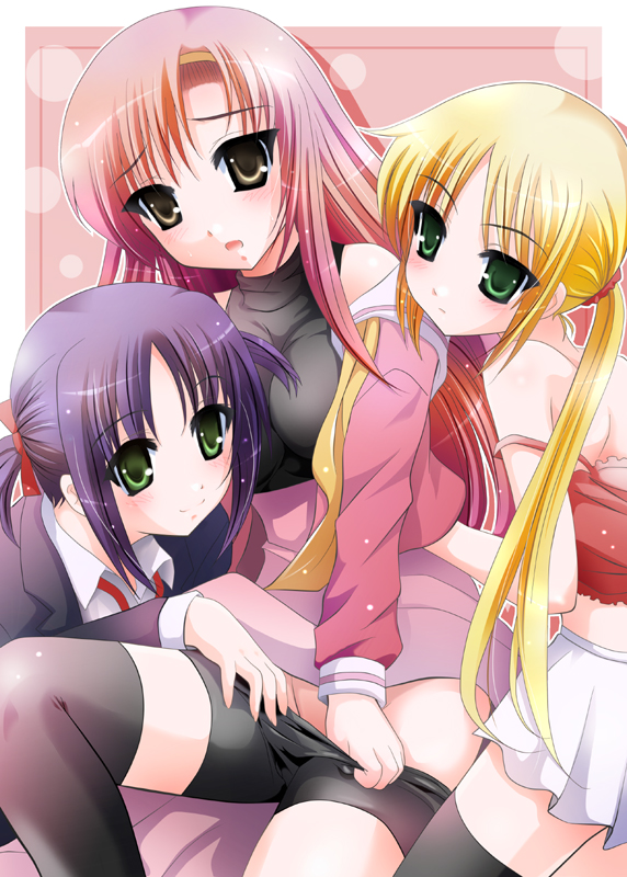arino hiroshi, katsura hinagiku, nishizawa ayumu, sanzen'in nagi, hayate no gotoku!, 00s, 3girls, blonde hair, blush, brown eyes, green eyes, multiple girls, pink hair, purple hair, thighhighs, twintails, undressing, yuri, zettai ryouiki