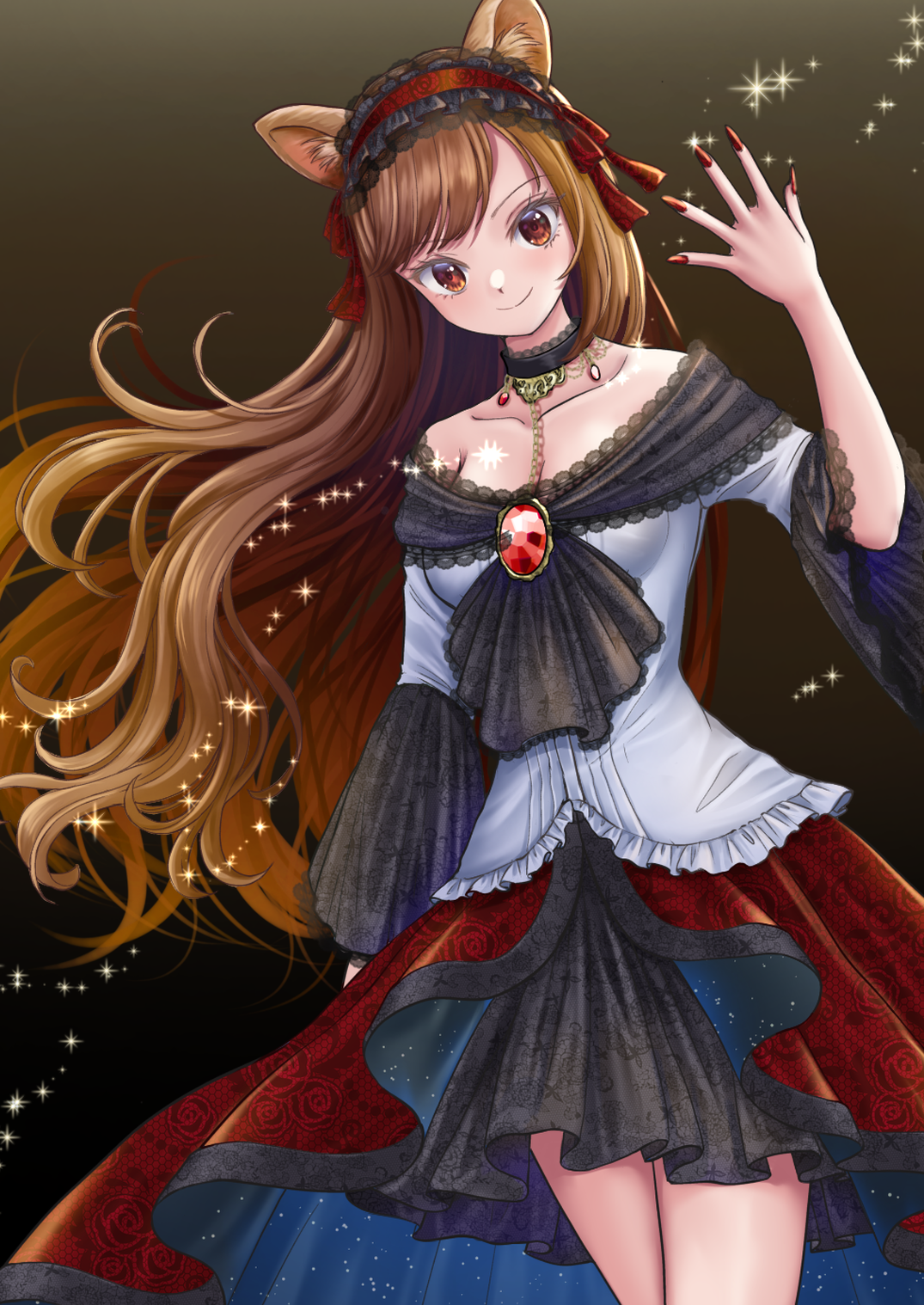 kyabekko, imaizumi kagerou, touhou, commentary request, highres, 1girl, animal ear fluff, animal ears, breasts, brooch, brown hair, closed mouth, collarbone, dress, embellished costume, fingernails, frilled hairband, frills, hairband, jewelry, lolita hairband, long fingernails, long hair, long sleeves, looking at viewer, off-shoulder dress, off shoulder, red eyes, red hairband, red nails, smile, solo, very long hair, white dress, wide sleeves, wolf ears, wolf girl