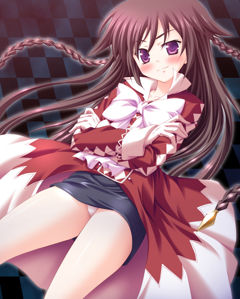 yuurei yashiki, alice (pandora hearts), pandora hearts, 00s, 1girl, black skirt, blush, boots, bow, braid, brown hair, closed mouth, collarbone, crossed arms, female focus, gloves, legs apart, long hair, long sleeves, panties, pantyshot, pencil skirt, purple eyes, raised eyebrow, shiny skin, skirt, sleeve cuffs, solo, thighs, twin braids, underwear, white gloves