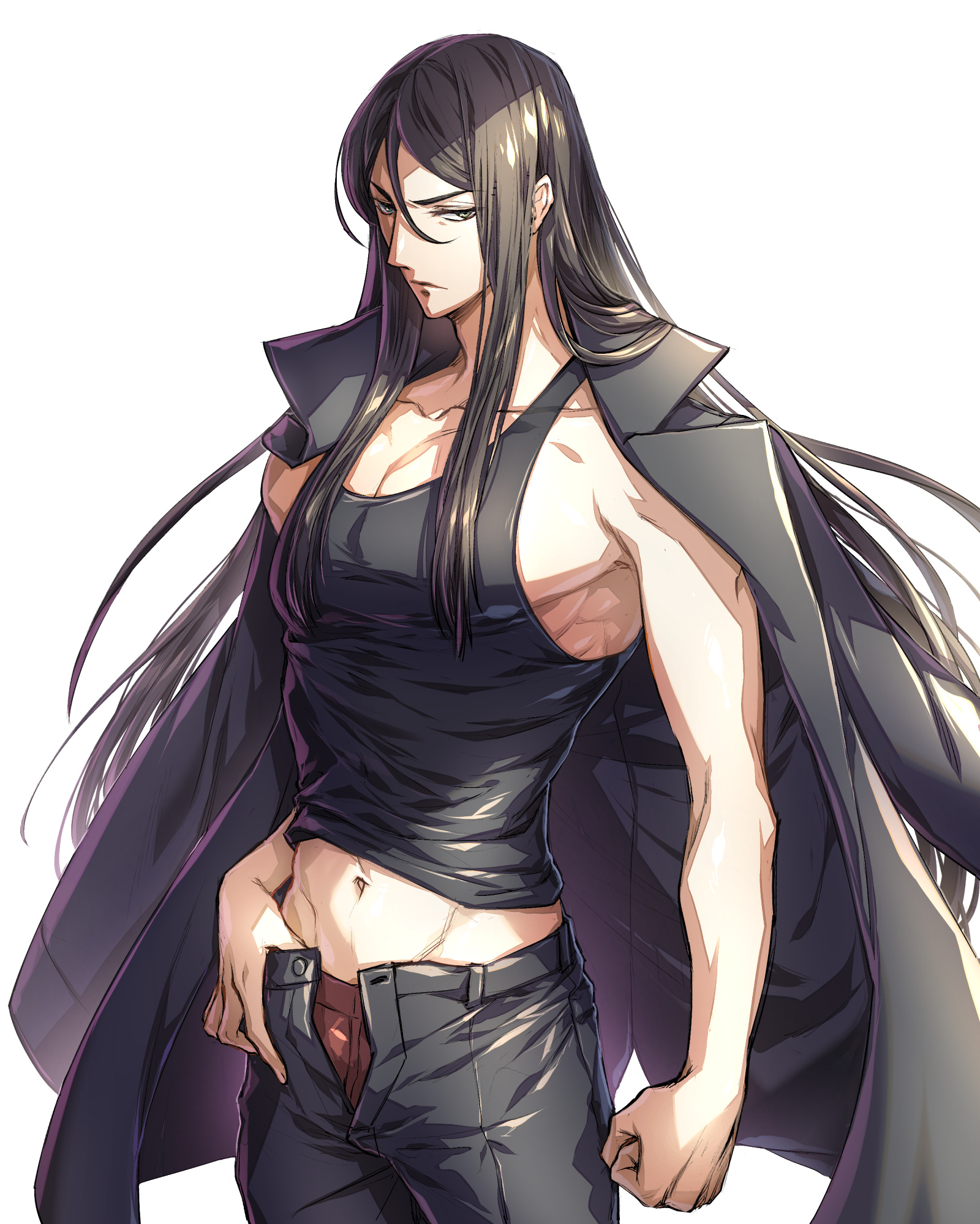 iori0371, lord el-melloi ii, waver velvet, fate/grand order, fate (series), lord el-melloi ii case files, commentary request, highres, 1boy, black hair, clenched hand, coat, coat on shoulders, grey eyes, long hair, looking at viewer, male focus, male underwear, male underwear peek, midriff peek, navel, open fly, pants, simple background, solo, tank top, toned, toned male, underwear, white background