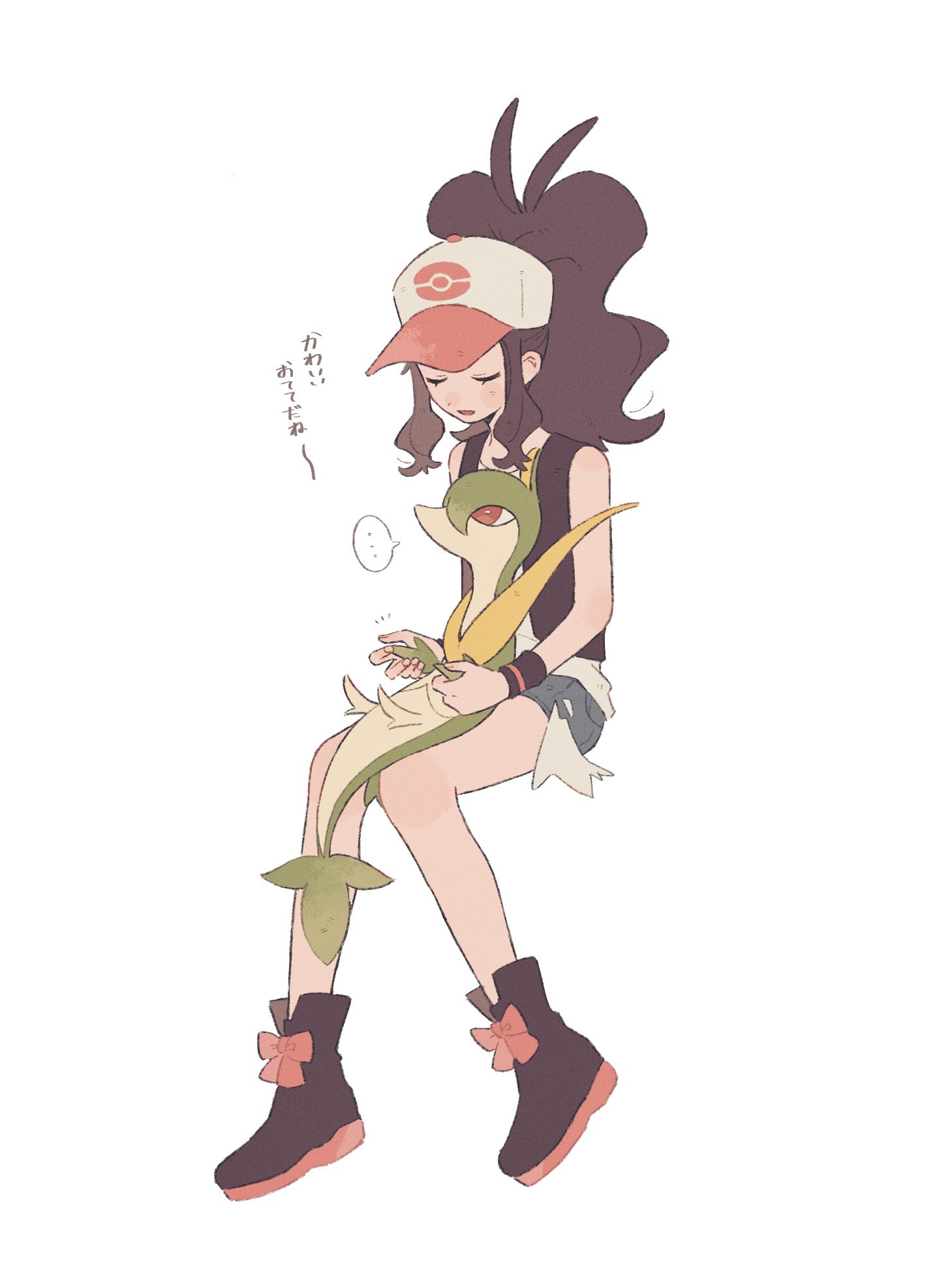 hime (himetya105), hilda (pokemon), servine, nintendo, pokemon, pokemon bw, highres, …, 1girl, bare shoulders, black shoes, blue shorts, brown hair, closed eyes, full body, gen 5 pokemon, hat, invisible chair, long hair, on lap, open mouth, pokemon (creature), pokemon on lap, ponytail, shirt, shoes, short shorts, shorts, sitting, sleeveless, sleeveless shirt, spoken ellipsis, white background, white shirt, wristband