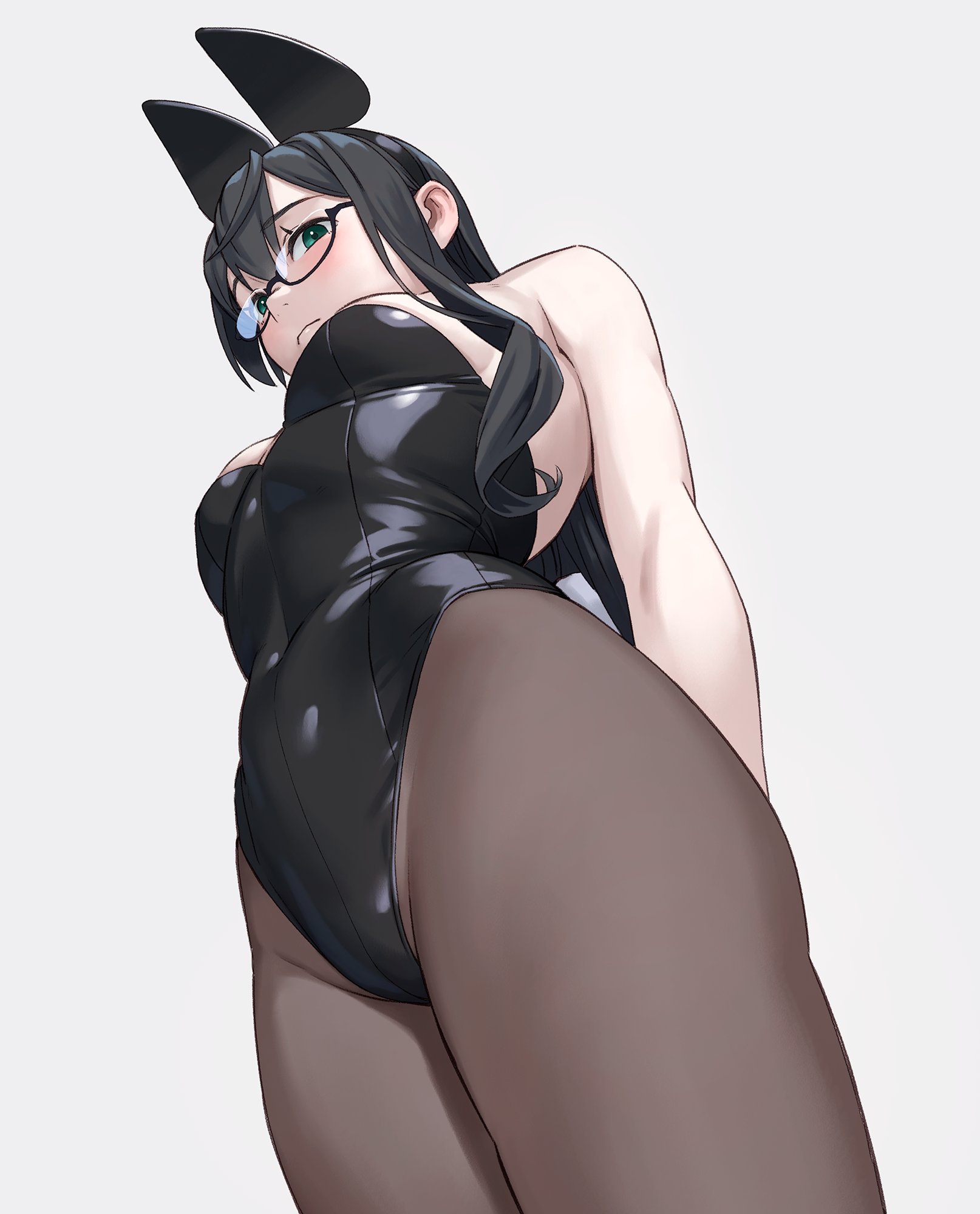 yuuji (and), ooyodo (kancolle), kantai collection, commentary request, highres, 1girl, animal ears, black hair, black leotard, bow, bowtie, breasts, fake animal ears, from below, glasses, hairband, leotard, long hair, looking down, pantyhose, playboy bunny, rabbit ears, strapless, strapless leotard