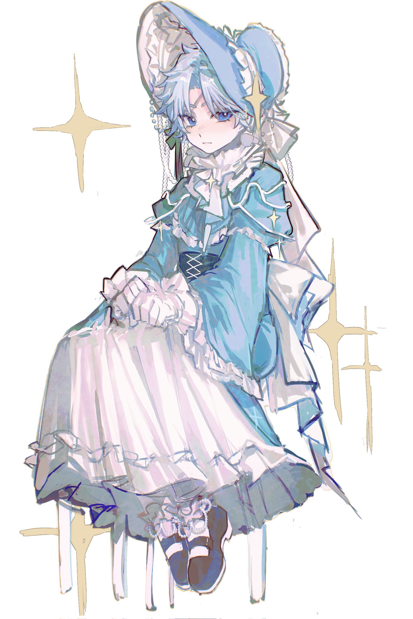 yezizizzzz02, toudou heisuke (fate), fate/grand order, fate (series), highres, 1boy, blue eyes, blush, bonnet, chair, crossdressing, crossdressing (mtf), frills, full body, grey hair, lolita fashion, long sleeves, male focus, on chair, ribbon, scar, scar on face, scar on forehead, shoes, short hair, simple background, sitting, solo, sweet lolita, white background