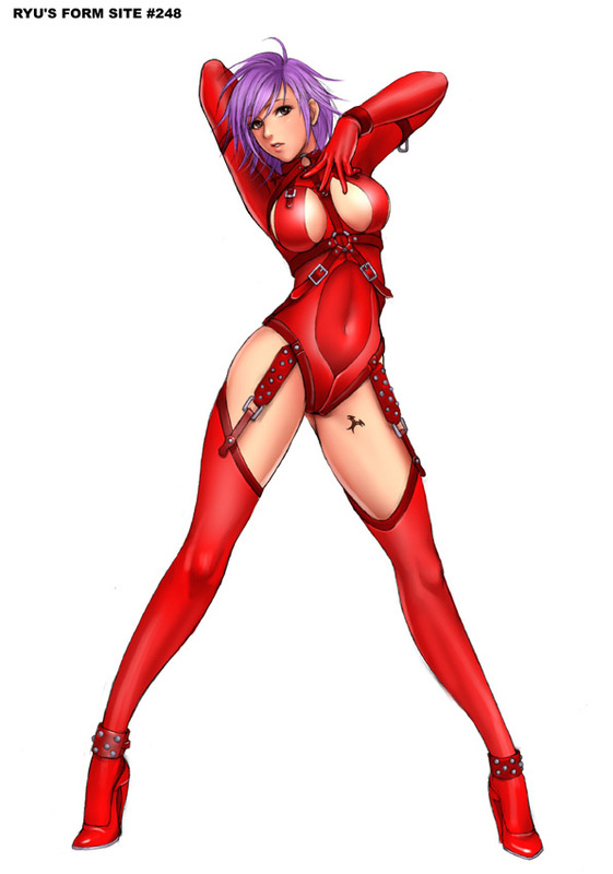 evil rose, hinomoto fujiko, rumble roses, 1girl, belt, bodysuit, breasts, cleavage, costume, elbow gloves, female focus, garter belt, gloves, high heels, large breasts, looking at viewer, one-piece swimsuit, purple hair, shoes, short hair, simple background, solo, swimsuit, tattoo, thighhighs, white background