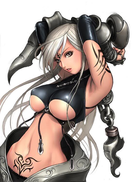 1girl, armor, breasts, covered erect nipples, female focus, large breasts, long hair, midriff, simple background, solo, tattoo, underboob, white background