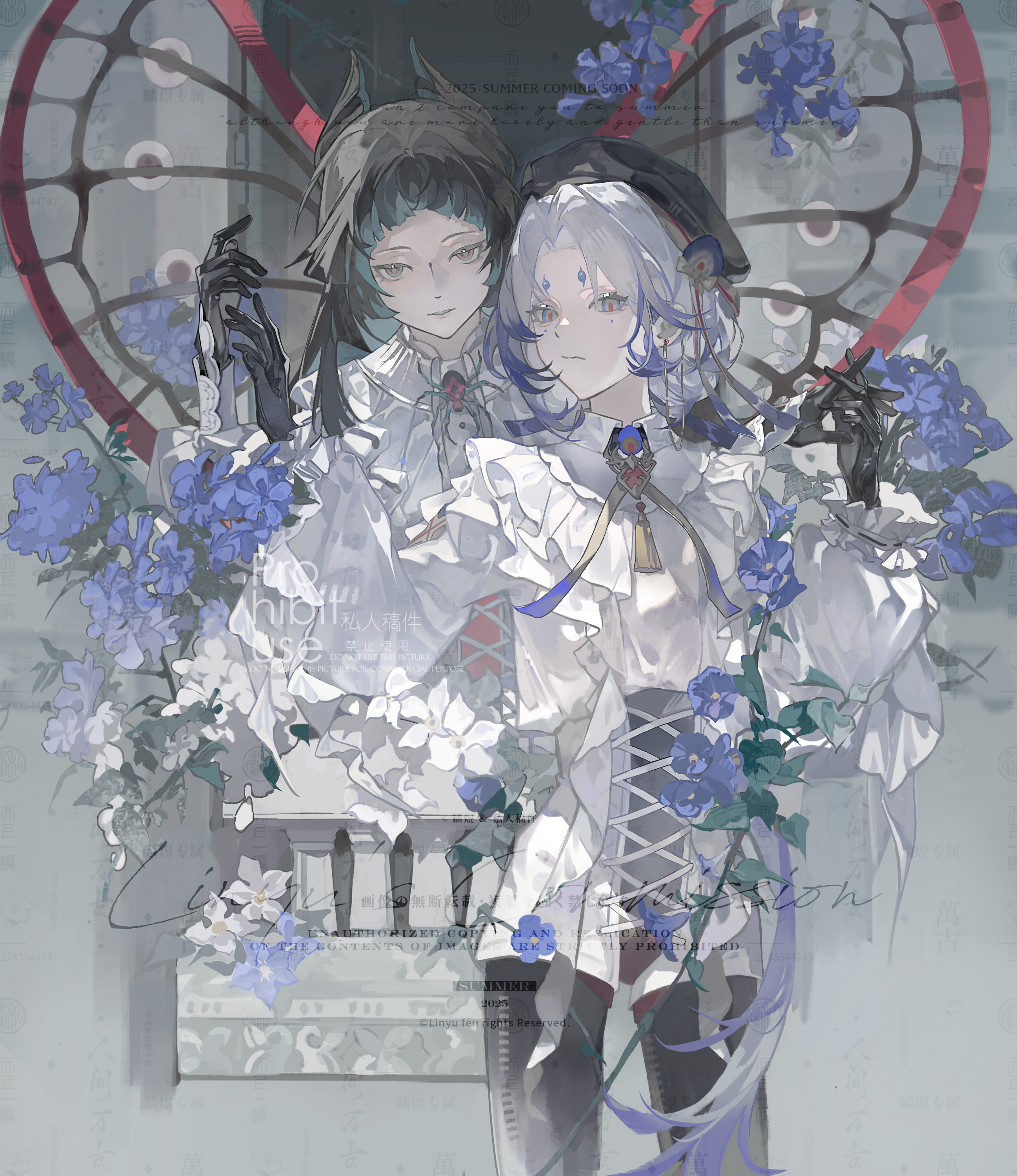 original, absurdres, commission, highres, 2girls, animal ears, beret, black gloves, black hair, black hat, closed mouth, cowboy shot, eyelashes, flower, frills, gloves, grey eyes, hat, lin yu 41922, long sleeves, looking at viewer, mole, mole under eye, multiple girls, parted bangs, purple flower, red pupils, shirt, short eyebrows, standing, tassel, too many watermarks, watermark, white hair, white shirt