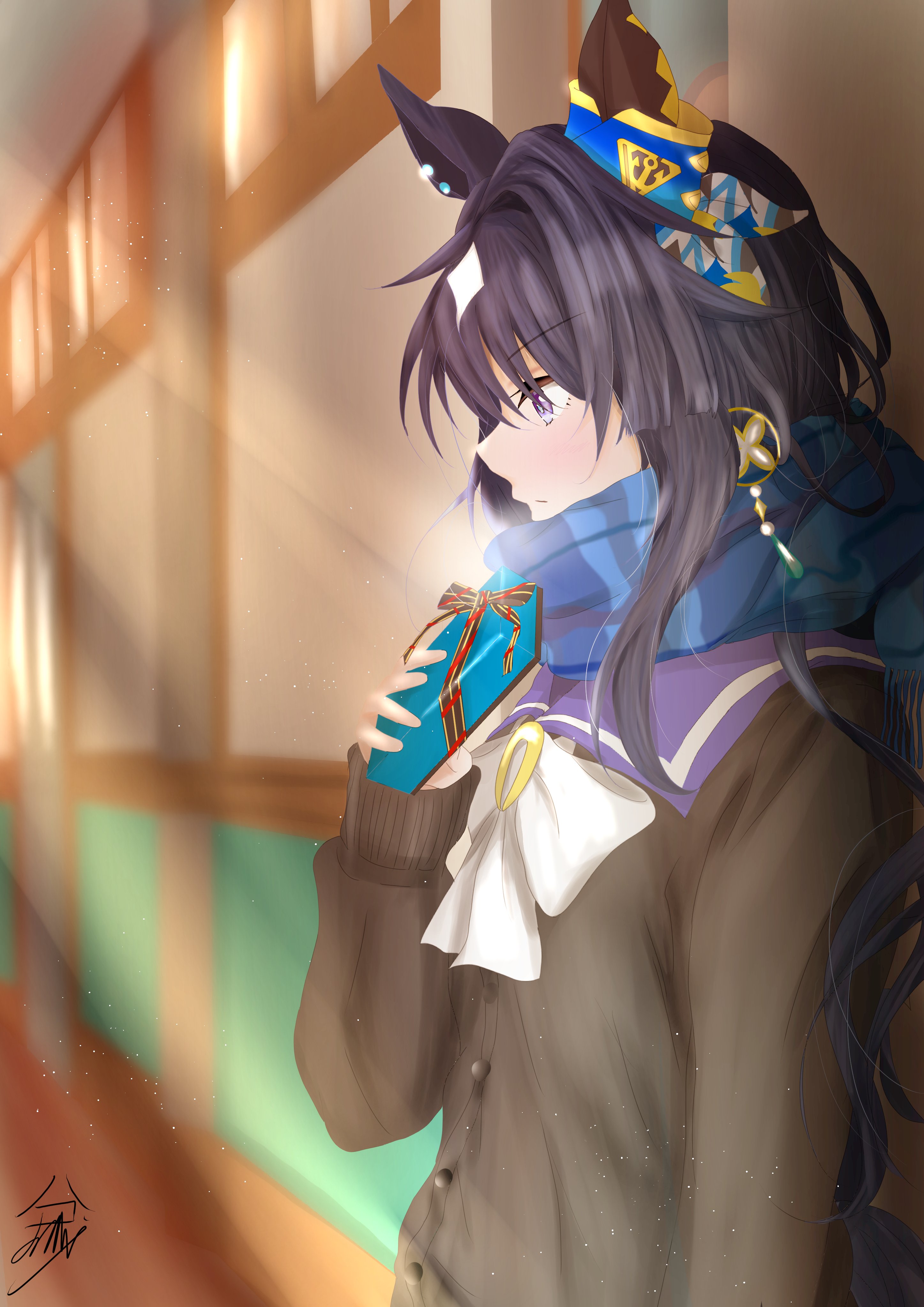 hakojuri, verxina (umamusume), umamusume, absurdres, commentary request, highres, 1girl, animal ears, black hair, blue scarf, blurry, blurry background, bow, bowtie, box, brown cardigan, cardigan, from side, gift, gift box, hallway, holding, holding box, holding gift, horse ears, horse girl, horseshoe ornament, long hair, long sleeves, multicolored hair, scarf, signature, solo, streaked hair, upper body, white bow, white bowtie, white hair