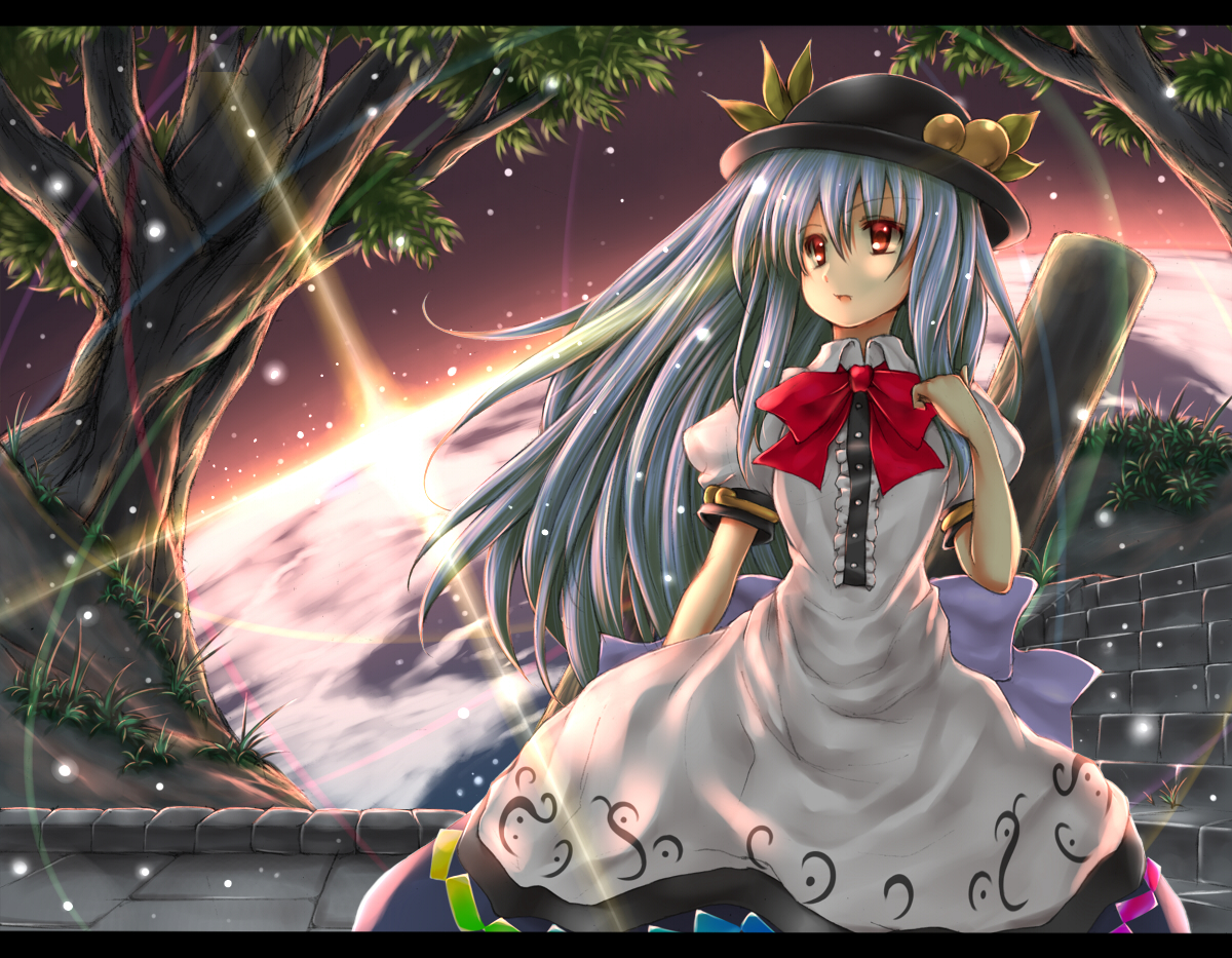 takemori shintarou, hinanawi tenshi, touhou, bad id, bad pixiv id, 1girl, earth (planet), female focus, letterboxed, solo, tree