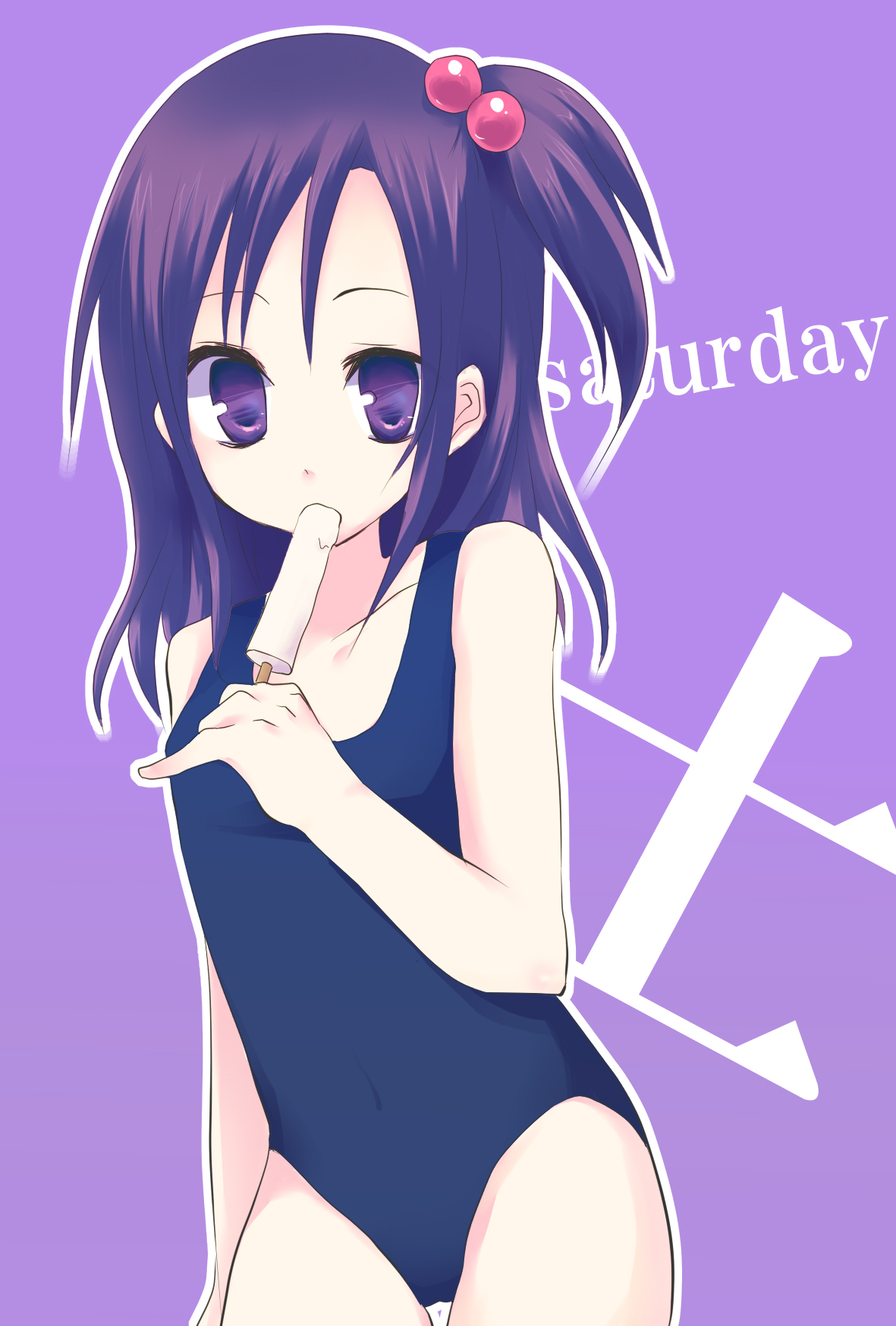 gucchiann, original, bad id, bad pixiv id, highres, 1girl, black hair, child, eating, english text, female focus, food, hair bobbles, hair ornament, long hair, navel, one-piece swimsuit, ponytail, popsicle, purple eyes, purple hair, school swimsuit, side ponytail, simple background, solo, swimsuit