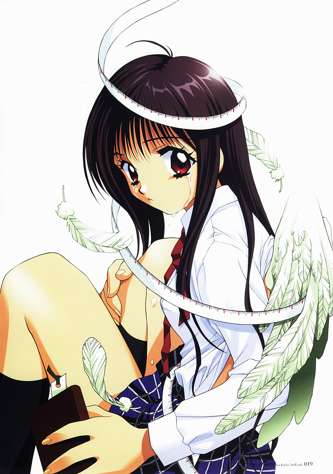kadoi aya, highres, scan, 1girl, ahoge, black hair, black socks, bookmark, crying, crying with eyes open, expressionless, feathered wings, feathers, female focus, fingernails, from side, hugging own legs, kneehighs, knees up, long hair, long sleeves, notepad, page number, plaid clothes, plaid skirt, red eyes, school uniform, shirt, simple background, sitting, skirt, socks, solo, tape measure, tears, white background, white shirt, white wings, wings
