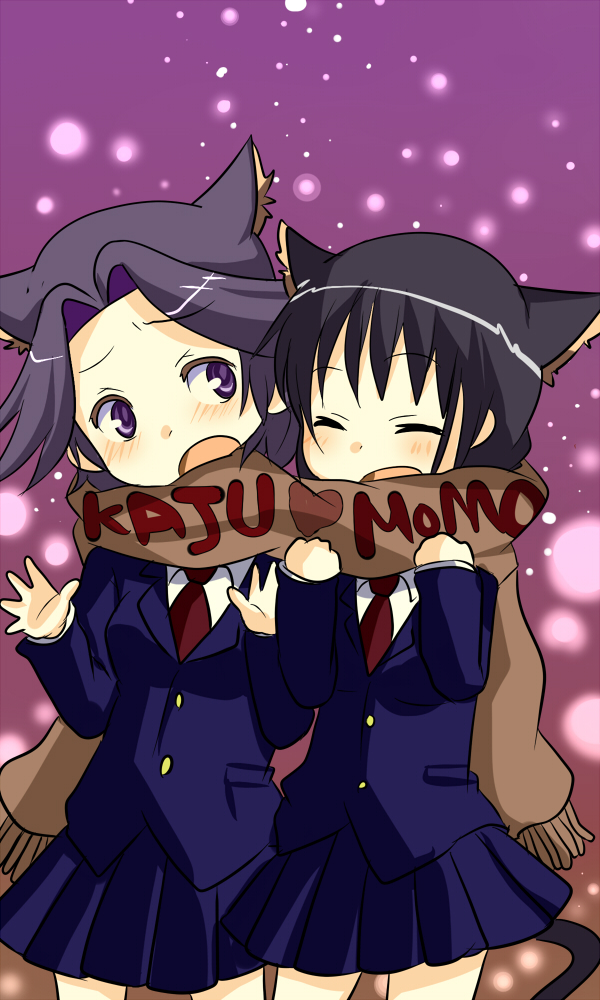 kajiki yumi, touyoko momoko, saki (manga), 00s, 2girls, animal ears, blush, female focus, multiple girls, scarf, school uniform, shared clothes, shared scarf, tail