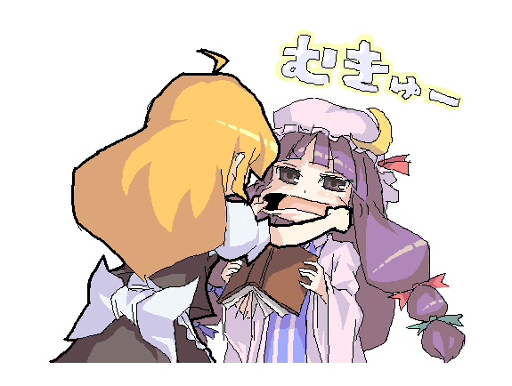 kirisame marisa, patchouli knowledge, touhou, 2girls, ahoge, blonde hair, blunt bangs, book, bow, brown eyes, cheek pull, crescent, crescent moon, crescent pin, female focus, from behind, hat, moon, mouth pull, multiple girls, oekaki, purple hair, white bow