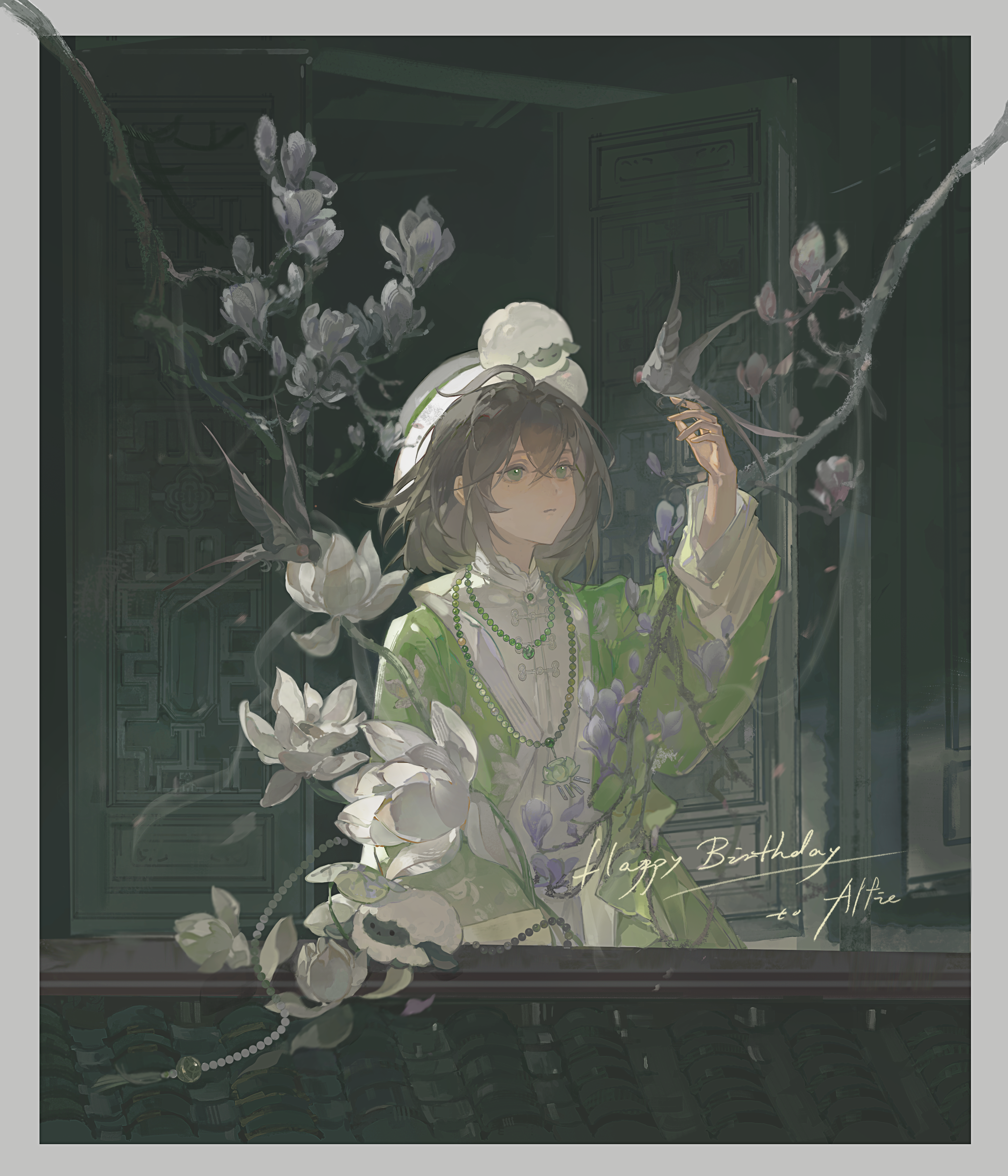 original, absurdres, highres, 1girl, animal, animal on hand, bird, bird on hand, border, branch, brown bird, brown hair, character name, closed mouth, crossed bangs, door, expressionless, flower, gem, green eyes, hair between eyes, happy birthday, hat, lin yu 41922, long sleeves, looking at animal, mandarin collar, medium hair, open door, pearl (gemstone), sheep, sidelocks, sitting, solo, white border, white flower