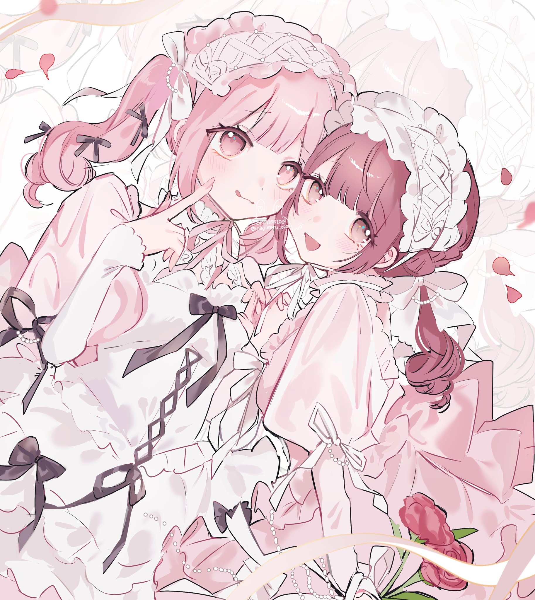 najimaru, original, commentary, commission, highres, symbol-only commentary, 2girls, :p, arm behind back, black bow, black ribbon, blunt bangs, blush, bow, breasts, chinstrap, choker, closed mouth, double-parted bangs, dress, falling petals, flower, frilled choker, frilled hairband, frills, from side, grey eyes, hair bow, hairband, hand up, hands up, holding, holding flower, holding hands, l hand, layered sleeves, lolita fashion, lolita hairband, long hair, long sleeves, looking at viewer, medium breasts, multiple girls, open mouth, parted bangs, petals, pink choker, pink eyes, pink hair, puffy short sleeves, puffy sleeves, red flower, red hair, ribbon, ribbon-trimmed dress, ribbon trim, short over long sleeves, short sleeves, smile, tongue, tongue out, twintails, twitter username, upper body, watermark, white bow, white choker, white dress, zoom layer
