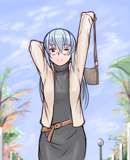 tsuda nanafushi, suigintou, rozen maiden, silver hair, 00s, aged up, bag, belt, casual, cowboy shot, glasses, handbag, long hair, one eye closed, red eyes, solo, stretching, wink