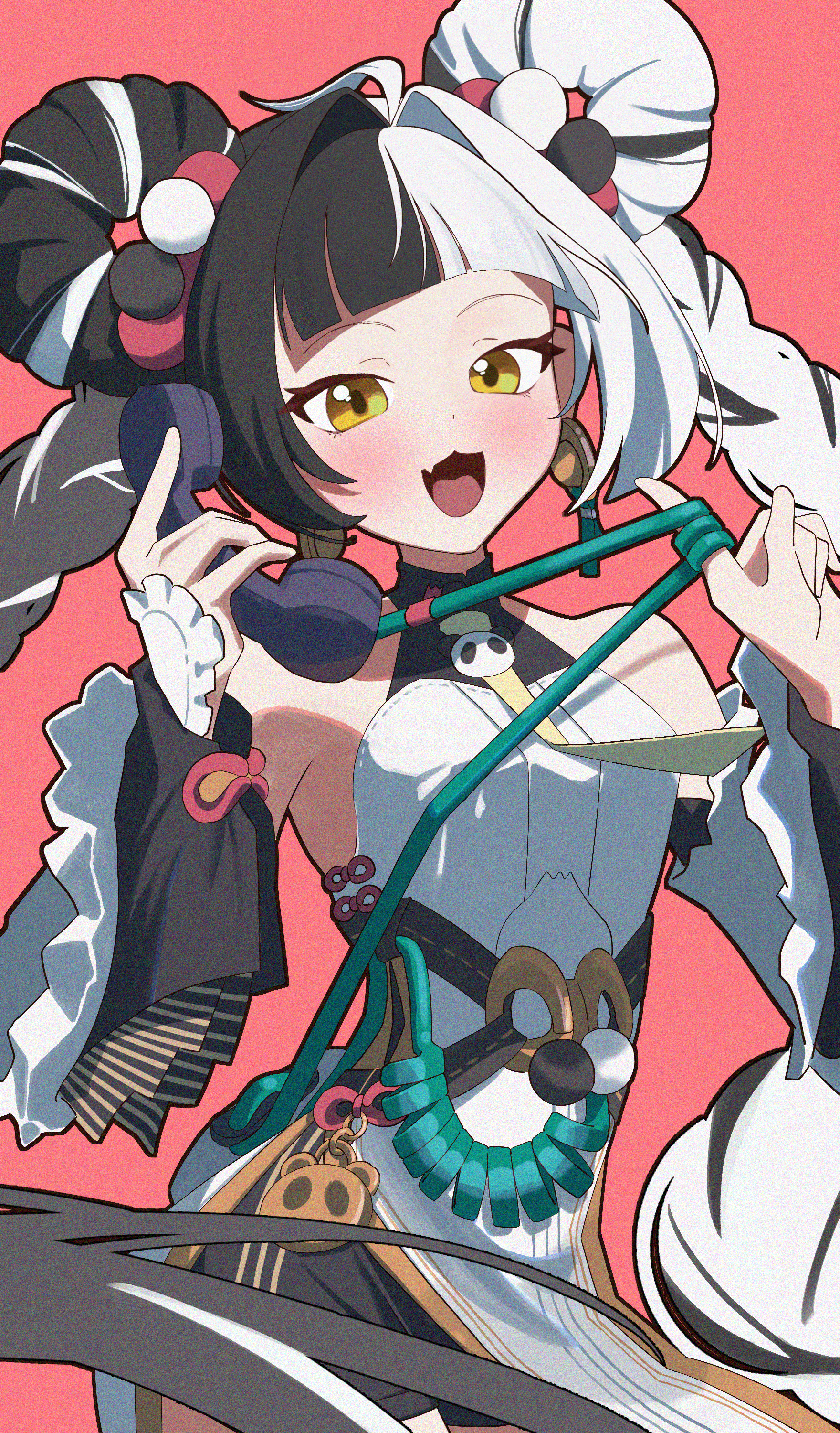 jitsumuda, dialyn (zenless zone zero), zenless zone zero, absurdres, commentary request, highres, 1girl, ahoge, bare shoulders, black hair, black shorts, braid, braided twintails, china dress, chinese clothes, corded phone, dress, earrings, fang, hair intakes, holding, holding phone, jewelry, long hair, looking at viewer, multicolored hair, necktie, open mouth, pelvic curtain, phone, red background, shorts, skin fang, solo, split-color hair, upper body, white dress, white hair, wire, yellow eyes, yellow necktie