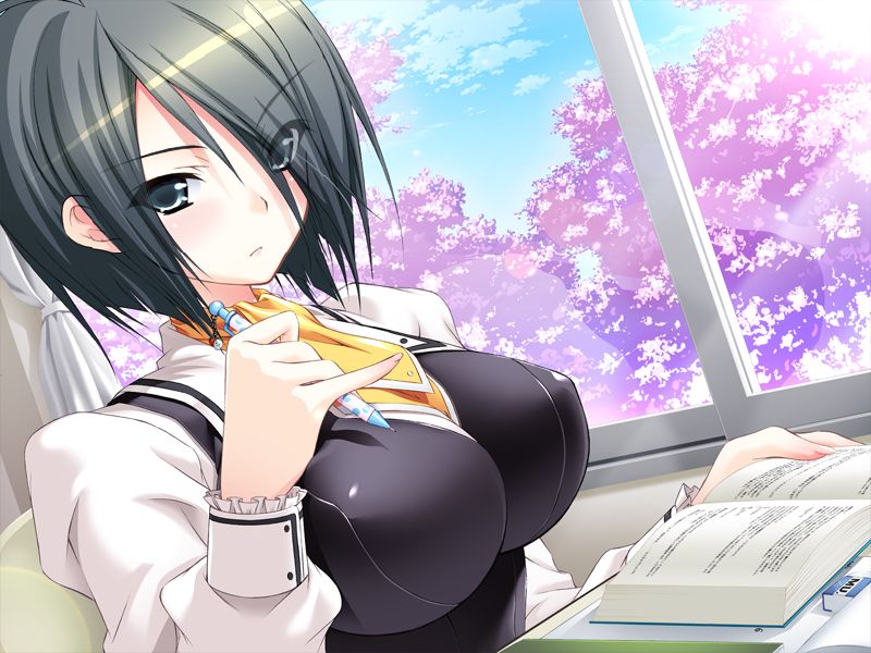 higa yukari, kirishima sakura, sakura sakura, game cg, 1girl, black hair, book, breasts, eyes visible through hair, female focus, impossible clothes, impossible shirt, large breasts, mechanical pencil, pencil, shirt, solo, window