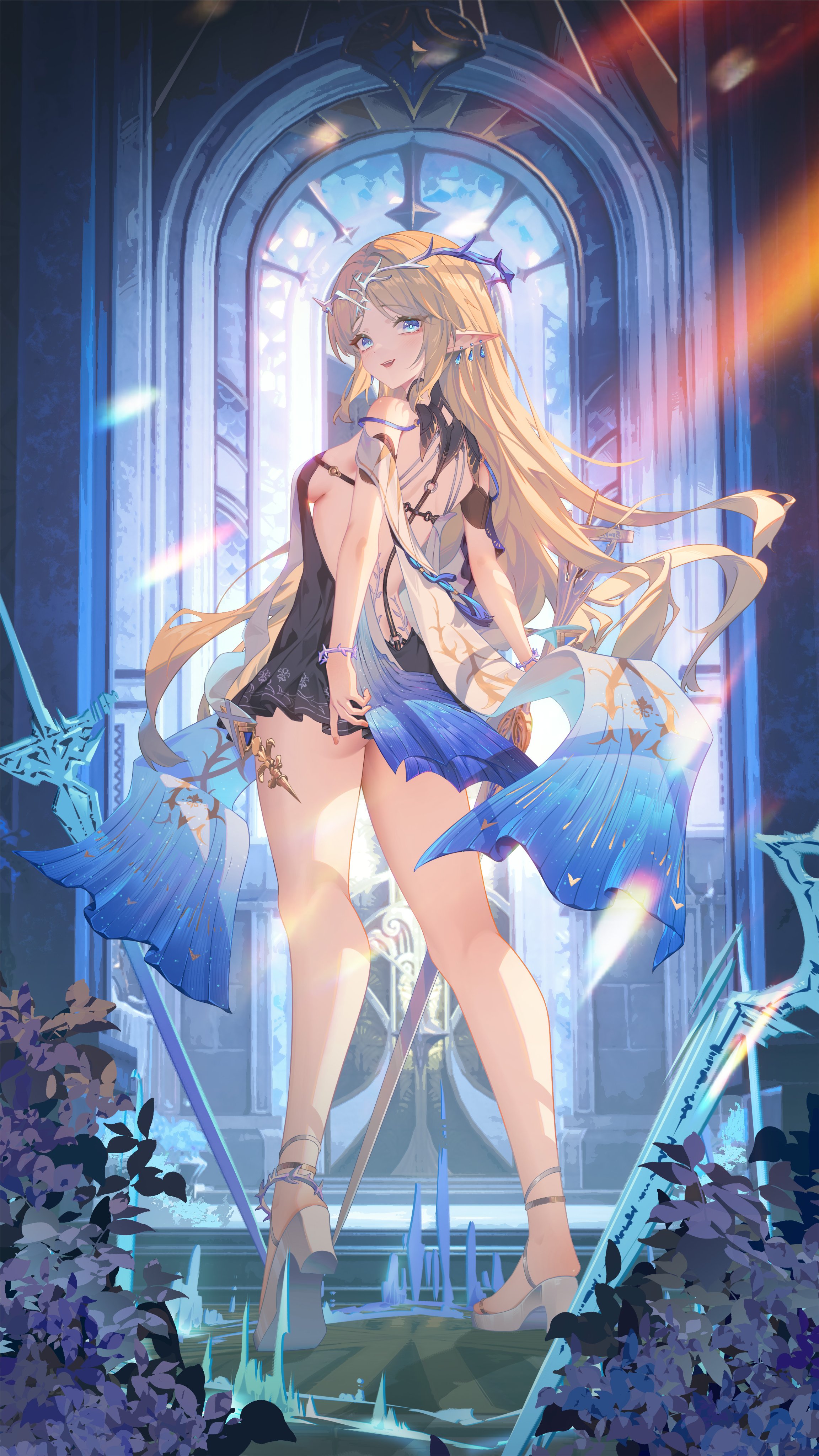 heiyizhushenxia, cartethyia (wuthering waves), wuthering waves, absurdres, highres, 1girl, ass, back, black dress, blonde hair, blue eyes, breasts, crown of thorns, dress, earrings, from behind, full body, high heels, holding, holding sword, holding weapon, jewelry, kneepits, long hair, looking at viewer, looking back, multiple earrings, open mouth, planted, planted sword, planted weapon, pointy ears, shoes, short dress, sidelocks, small breasts, smile, solo, standing, sword, weapon, white shoes