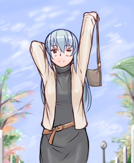 tsuda nanafushi, suigintou, rozen maiden, silver hair, 00s, aged up, bag, belt, casual, cowboy shot, handbag, long hair, one eye closed, red eyes, solo, stretching, wink