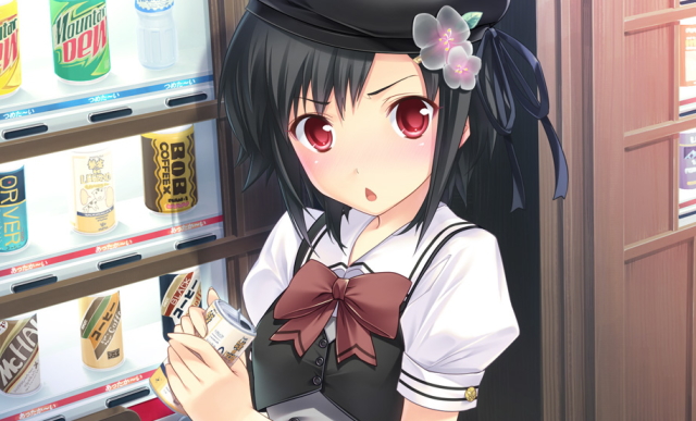 black hair, blush, flower, hair flower, hair ornament, hat, red eyes, solo, vending machine