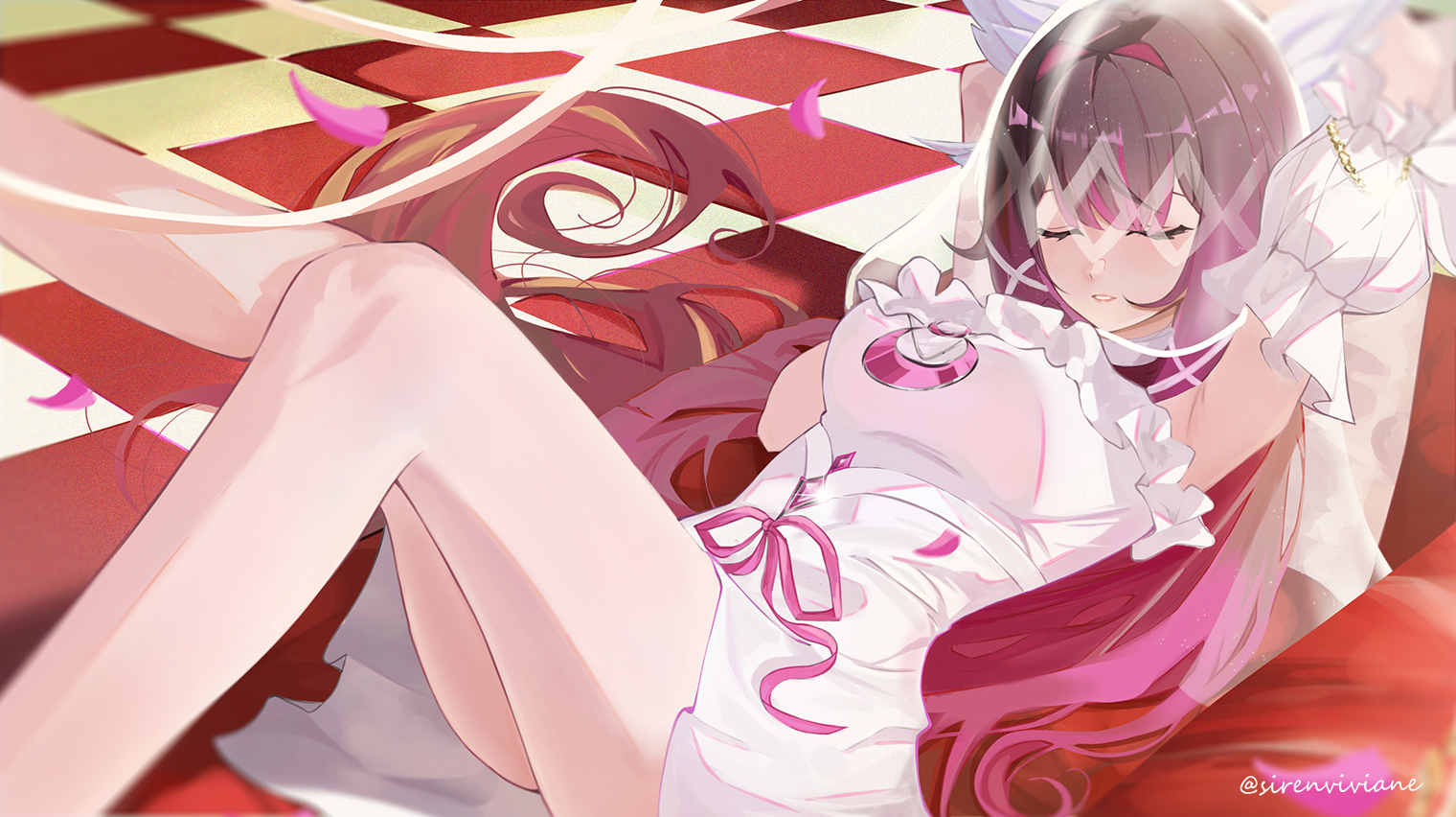 stteroo, columbina (genshin fes 2026) (genshin impact), columbina (genshin impact), genshin impact, hashtag-only commentary, closed eyes, eye mask, eyes on wings, feathered wings, hair ornament, head wings, mask, multicolored hair, multiple wings, white mask, white wings, wing hair ornament, wings, wrist bow, x-shaped eyewear