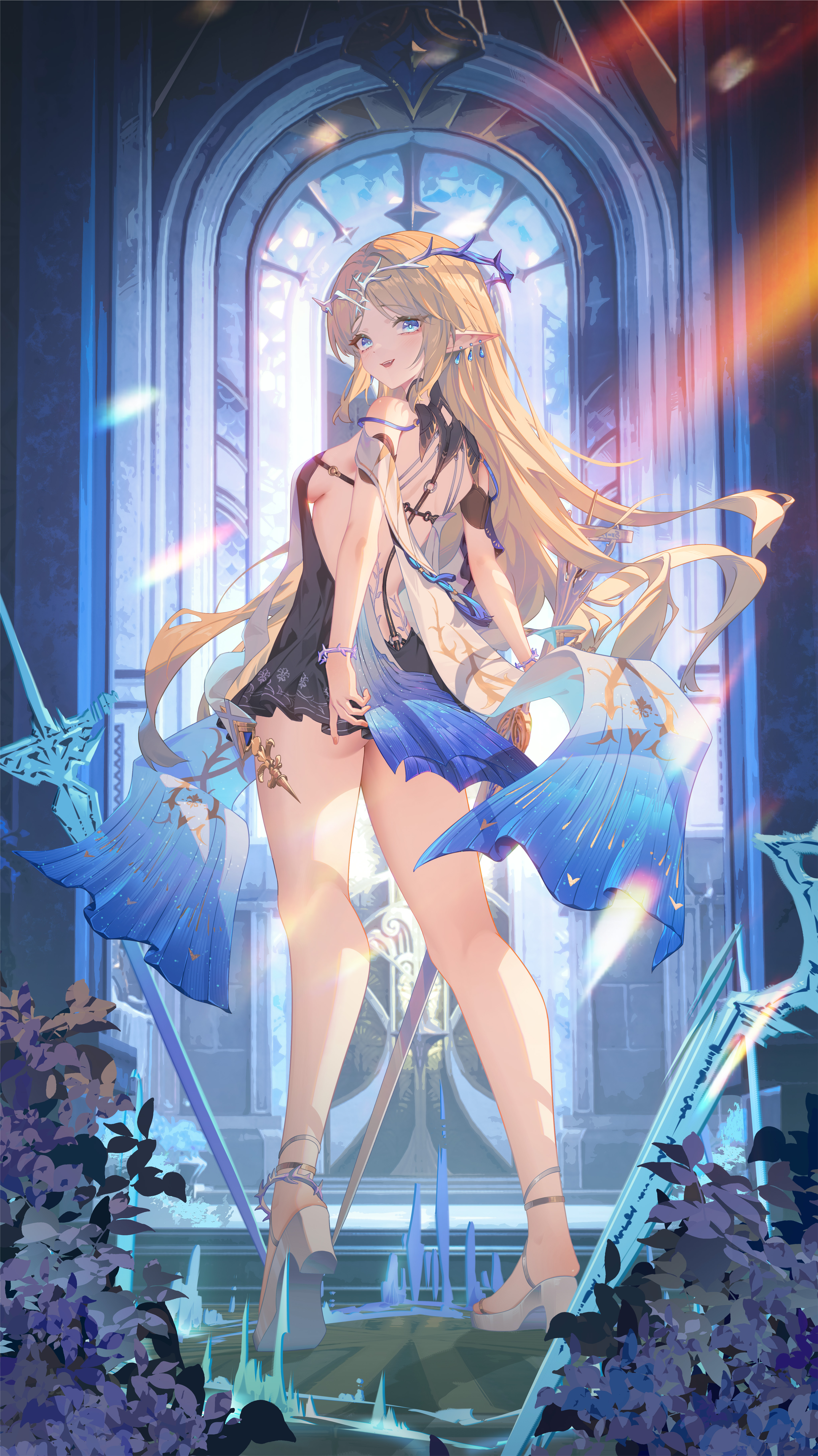heiyizhushenxia, cartethyia (wuthering waves), wuthering waves, absurdres, highres, 1girl, ass, back, black dress, blonde hair, blue eyes, breasts, crown of thorns, dress, earrings, from behind, full body, high heels, holding, holding sword, holding weapon, jewelry, kneepits, long hair, looking at viewer, looking back, multiple earrings, open mouth, planted, planted sword, planted weapon, pointy ears, shoes, short dress, sidelocks, small breasts, smile, solo, standing, sword, weapon, white shoes