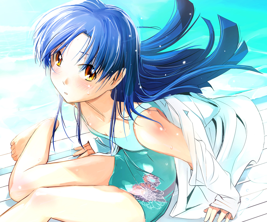 misagi nagu, kisaragi chihaya, idolmaster, idolmaster (classic), 00s, 1girl, bare legs, barefoot, blue hair, blush, brown eyes, casual one-piece swimsuit, female focus, flat chest, jacket, long hair, looking up, one-piece swimsuit, pool, solo, swimsuit, water, wet