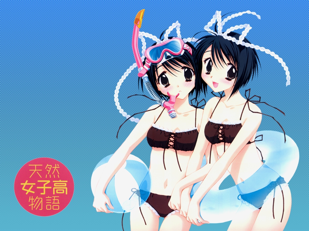 kadoi aya, 2girls, :d, :o, ball, beachball, bikini, black bikini, black eyes, black hair, blue background, blush, collarbone, cowboy shot, cross-laced clothes, diving mask, frilled bikini, frills, goggles, gradient background, hair ribbon, holding, holding ball, innertube, lace, locked arms, looking at viewer, multiple girls, navel, open mouth, ribbon, short hair, side-tie bikini bottom, simple background, smile, spaghetti strap, swim ring, swimsuit, thigh gap, transparent, white ribbon