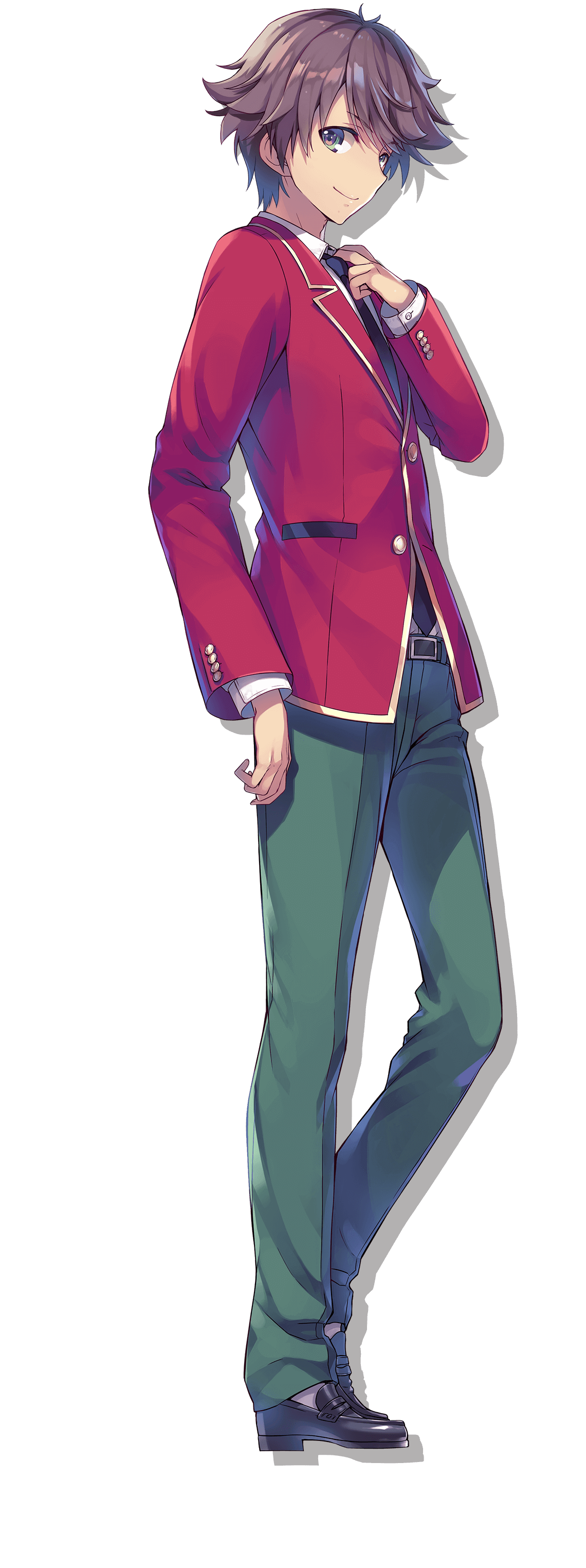 tomose shunsaku, youkoso jitsuryoku shijou shugi no kyoushitsu e, absurdres, highres, official art, 1boy, adjusting clothes, adjusting necktie, advanced nurturing high school uniform, black shoes, blazer, brown eyes, brown hair, closed mouth, collared shirt, green pants, heel up, jacket, loafers, long sleeves, looking at viewer, male focus, necktie, pants, red jacket, school uniform, shirt, shoes, short hair, simple background, solo, transparent background, white shirt