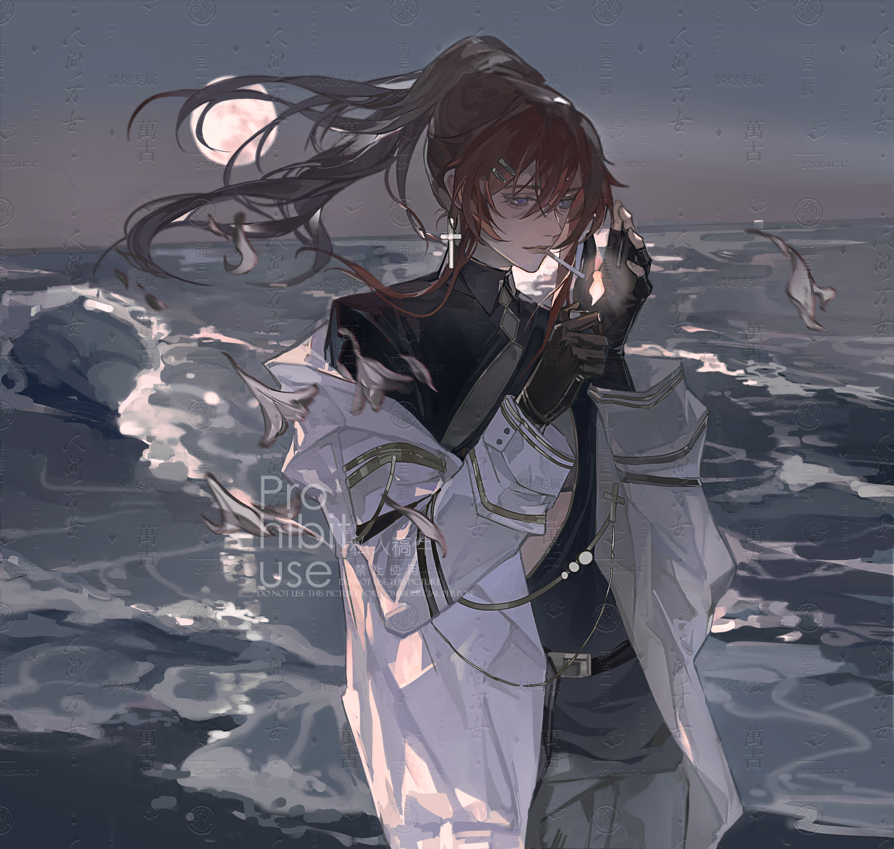 original, absurdres, highres, belt, black belt, black gloves, black shirt, cigarette, closed mouth, coat, cowboy shot, cross, cross earrings, earrings, eyelashes, fingerless gloves, fire, floating hair, full moon, gloves, grey eyes, grey necktie, hair between eyes, hair ornament, hairpin, high ponytail, holding, jewelry, lighter, lighting cigarette, lin yu 41922, lips, long hair, long sleeves, looking at object, moon, necktie, ocean, outdoors, ponytail, red hair, shirt, sidelocks, standing, water, watermark, waves, white coat, wind, zippo lighter