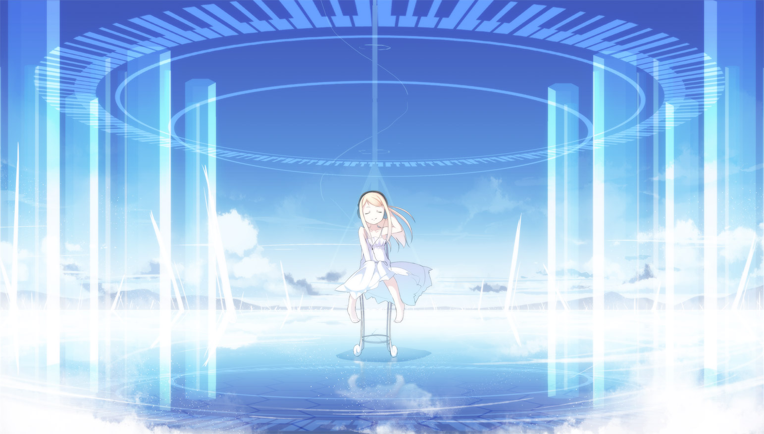 asakura masatoki, original, 1girl, barefoot, blonde hair, female focus, headphones, outdoors, scenery, sitting, sky, solo