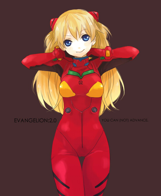 katagiri (mighty swing), souryuu asuka langley, neon genesis evangelion, rebuild of evangelion, bad id, bad pixiv id, 00s, black background, blonde hair, blue eyes, bracer, brown hair, copyright name, cowboy shot, english text, hair between eyes, hair ornament, hairclip, head tilt, legs together, long hair, mecha pilot suit, parted bangs, plugsuit (evangelion), simple background, skin tight, smile, solo, standing