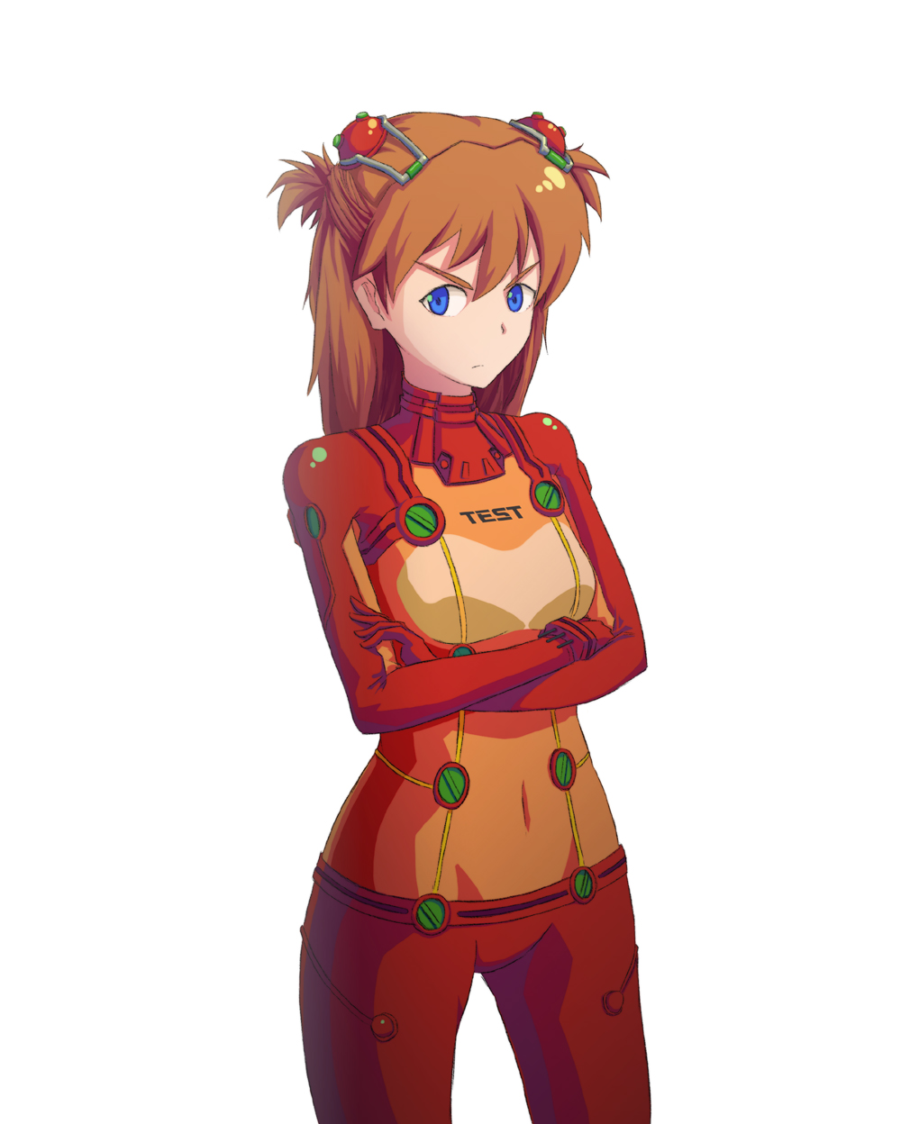 kurio, souryuu asuka langley, neon genesis evangelion, rebuild of evangelion, highres, 00s, 1girl, blue eyes, bodysuit, brown hair, female focus, frown, hair ornament, hairclip, long hair, mecha pilot suit, navel, plugsuit (evangelion), simple background, skin tight, solo, test plugsuit (evangelion)