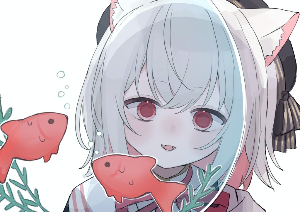 sayo (voicevox), voicevox, hashtag-only commentary, 1girl, air bubble, animal ear fluff, animal ears, arazan (ara arazan24), beret, black hat, bubble, cat ears, cat girl, colored inner hair, fangs, feral instincts, fish, fishbowl, goldfish, hair between eyes, hat, hat ribbon, light smile, looking at another, multicolored hair, neck ribbon, open mouth, pink hair, red eyes, red ribbon, ribbon, short hair, simple background, sweat, white background, white hair