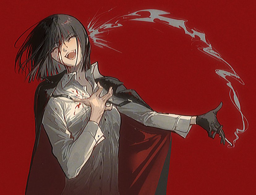 g7cdpdto2i6hot6, ryoshu (project moon), limbus company, project moon, 1girl, black coat, black gloves, black hair, blood, blood on clothes, blood on face, bob cut, cigarette, closed eyes, coat, coat on shoulders, collared shirt, gloves, hand up, holding, holding cigarette, laughing, open mouth, shirt, short hair, sidelocks, smile, smoke, solo