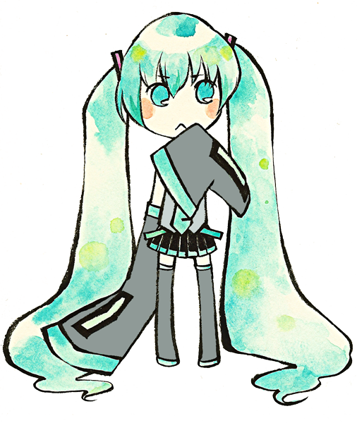shou shishi, hatsune miku, vocaloid, traditional media, 1girl, :<, aqua eyes, aqua hair, chibi, detached sleeves, female focus, full body, long hair, long sleeves, solo, standing, thighhighs, transparent background, twintails, very long hair, zettai ryouiki