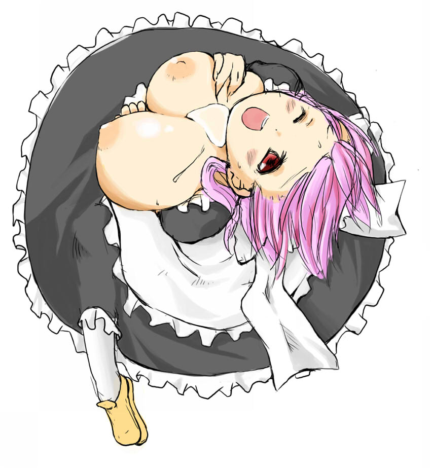 ishibashi shingo, 1girl, apron, breasts, bust cup, female focus, from above, grabbing another's breast, groping, large breasts, maid, maid apron, one eye closed, open mouth, pink hair, red eyes, short hair, solo, wink
