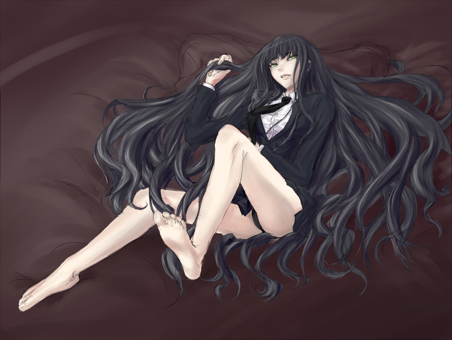 gaeusk, female protagonist (houkago play), houkago play, bad id, bad pixiv id, 1girl, barefoot, black hair, cameltoe, feet, female focus, long hair, long legs, necktie, no legwear, panties, soles, solo, underwear, very long hair