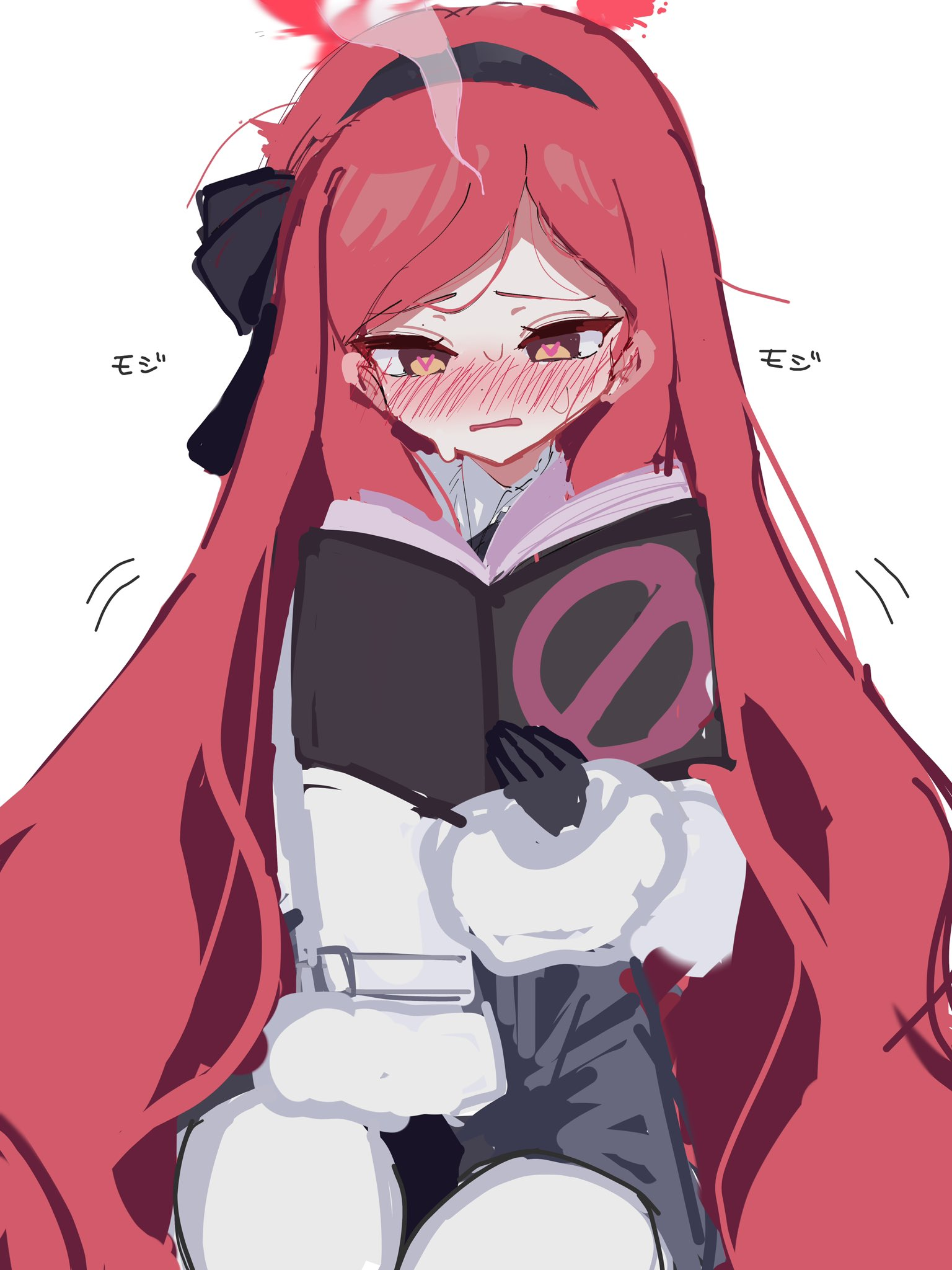 takane (blue archive), blue archive, highres, 1girl, black gloves, black hairband, blush, book, clothes lift, dress, dress lift, frilled dress, frills, gloves, grey dress, hairband, halo, holding, holding book, jacket, lifting own clothes, long hair, long sleeves, no symbol, open book, pantyhose, pleated dress, reading, red hair, red halo, solo, very long hair, white jacket, white pantyhose, yellow eyes