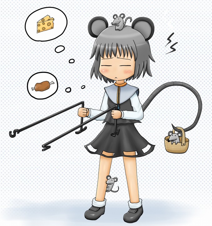 niwa (tat24d), nazrin, touhou, bad id, bad pixiv id, 1girl, :<, animal ears, basket, boned meat, cheese, closed eyes, dowsing rod, female focus, food, grey hair, meat, mouse (animal), mouse ears, mouse tail, simple background, solo, tail, tat24d