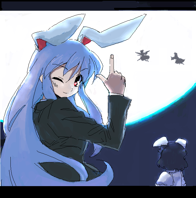 tonbi, inaba tewi, mystia lorelei, reisen udongein inaba, saigyouji yuyuko, touhou, bad id, bad pixiv id, 4girls, animal ears, female focus, finger gun, moon, multiple girls, night, oekaki, one eye closed, rabbit ears, wink