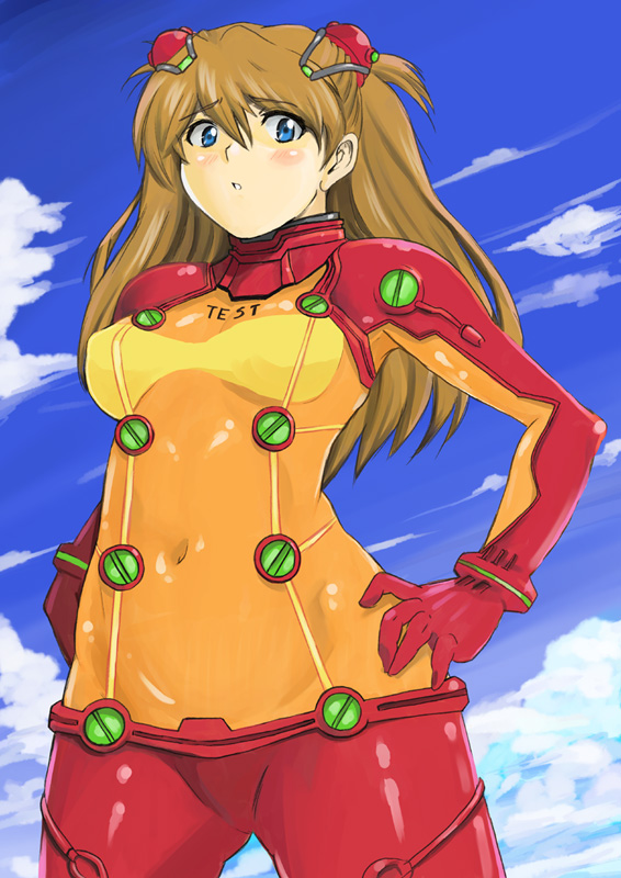 shu-z, souryuu asuka langley, neon genesis evangelion, rebuild of evangelion, 00s, 1girl, blue eyes, blush, bodysuit, brown hair, cloud, day, female focus, hair ornament, hand on own hip, hands on own hips, hip focus, long hair, mecha pilot suit, navel, outdoors, plugsuit (evangelion), see-through clothes, skin tight, sky, solo, test plugsuit (evangelion)