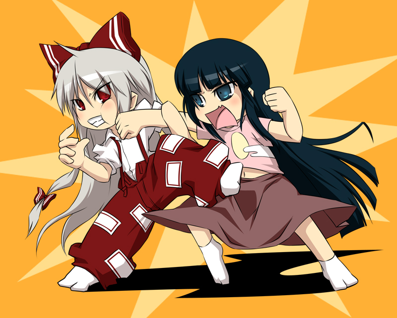 noya makoto, fujiwara no mokou, houraisan kaguya, touhou, silver hair, 2girls, angry, black hair, blue eyes, bow, casual, face punch, female focus, fighting, hair bow, in the face, kicking, long hair, multiple girls, punching, red eyes, rivalry, socks, suspenders