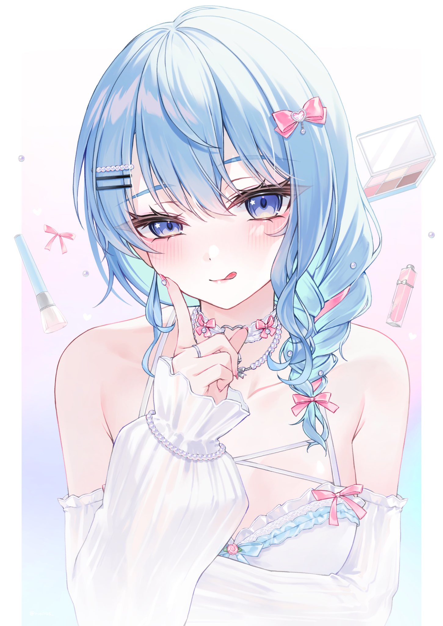 ishikawa rio, hoshimachi suisei, hololive, commentary request, highres, 1girl, :q, armpit crease, artist name, bead necklace, beads, blue eyes, blue hair, blush, bow, braid, braided ponytail, breasts, choker, closed mouth, collarbone, cosmetics, detached sleeves, dress, eyelashes, frilled choker, frilled dress, frills, gradient background, hair between eyes, hair bow, hair ornament, hairclip, heart, heart o-ring, index finger raised, jewelry, long sleeves, looking at viewer, makeup brush, makeup palette, medium breasts, nail polish bottle, necklace, o-ring, o-ring choker, pillarboxed, pink bow, puffy sleeves, ring, side ponytail, simple background, sleeveless, sleeveless dress, sleeves past wrists, smile, solo, star (symbol), star in eye, symbol in eye, tongue, tongue out, upper body, virtual youtuber, white background, white choker, white dress
