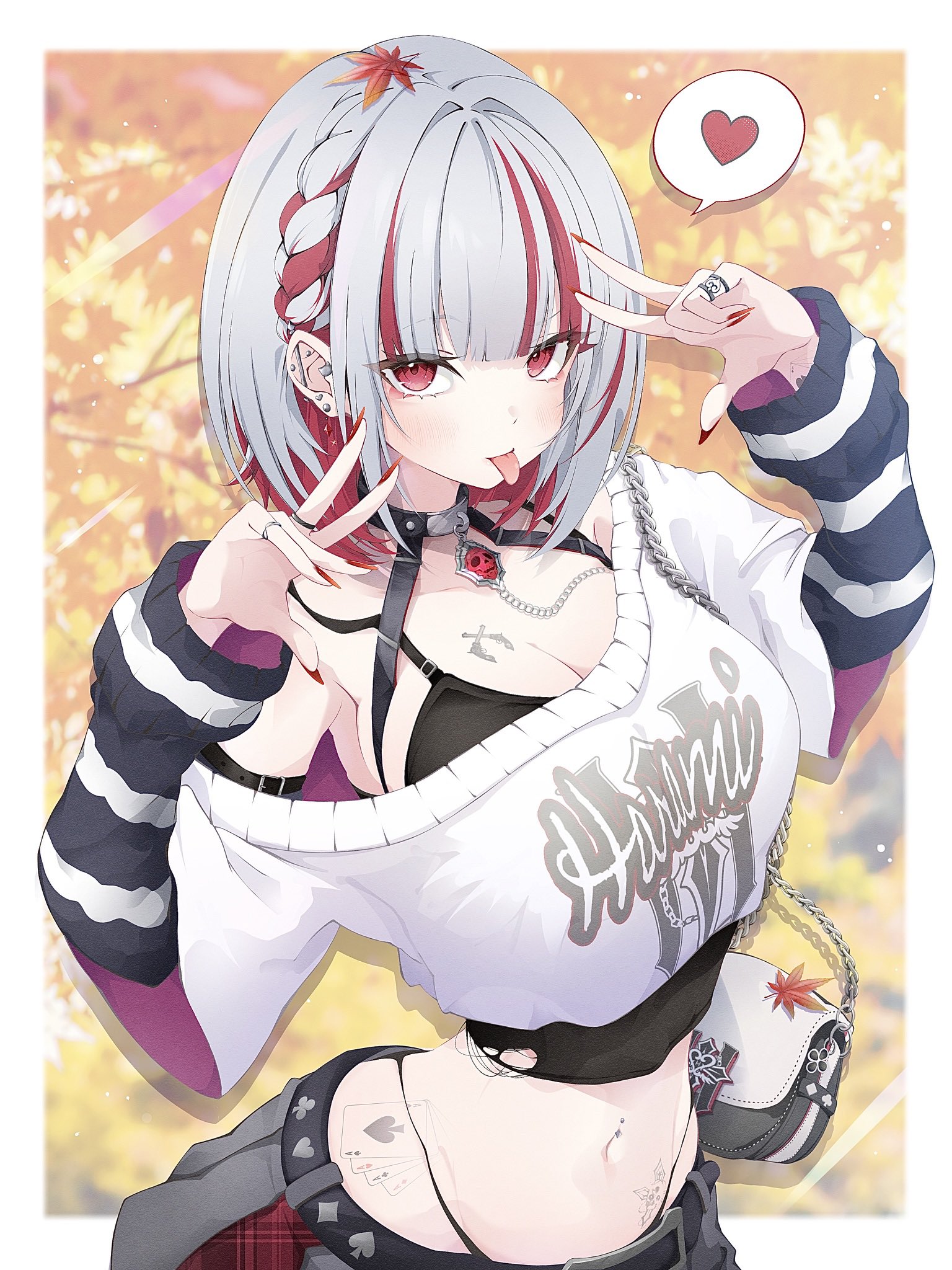 knr rer, indie virtual youtuber, character request, commentary, highres, symbol-only commentary, 1girl, :p, arm belt, arm tattoo, autumn leaves, bag, belt, black belt, black bra, black panties, blunt bangs, blush, border, bra, braid, breasts, chain, chest tattoo, cleavage, colored inner hair, crop top, cropped shirt, diamond (shape), double v, fingernails, grey hair, grey skirt, hair intakes, hands up, heart, hip tattoo, jewelry, large breasts, leaf, leaf on head, light particles, long fingernails, long sleeves, looking at viewer, maple leaf, maple tree, midriff, multicolored hair, multiple rings, nail polish, navel, necklace, panties, panty straps, print shirt, red eyes, red hair, red nails, red streaks, ring, shirt, short hair, shoulder bag, side braid, single bare shoulder, single off shoulder, skirt, skull necklace, solo, spade (shape), spoken heart, stomach tattoo, strap, streaked hair, striped sleeves, tattoo, tongue, tongue out, torn clothes, tree, two-sided fabric, underwear, v, virtual youtuber, white border, white shirt